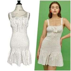 Cider | Women | Ditsy Cherry Print Floral Sweetheart Smocked Mini Dress | Large